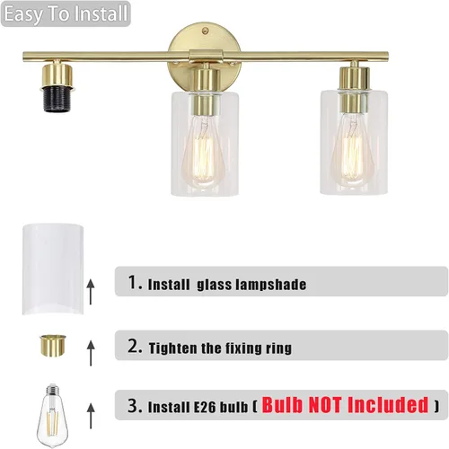 Vista 8 de Lámpara de tocador de baño de 3 luces, lámparas doradas sobre espejo con pantalla de vidrio transparente, aplique de pared de latón cepillado