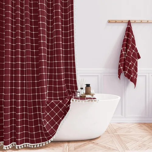 Vista 42 de BTTN - Cortina pequeña de tela para ducha, bohemia y campestre, con borlas, estilo rústico, para baño, de lino, con 6 ganchos de plástico