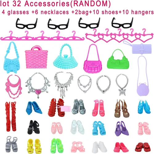 Vista 4 de BJDBUS 42 piezas de ropa y accesorios para muñecas, incluyendo 10 mini vestidos de moda, 32 piezas, zapatos, gafas, collares, bolsos, ganchos