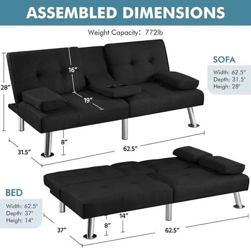 Vista 35 de Yaheetech Sofá biplaza cama, convertible, tela, ajustable, moderno, reclinable, reversible, plegable, reposabrazos extraíbles, portavasos, 3