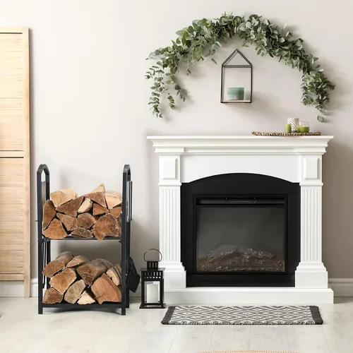 Vista 8 de HOME IT Soporte para leña interior y exterior - Soporte de leña de 2 niveles con juego de herramientas para chimenea, cepillo, pala, tenedor, pinzas