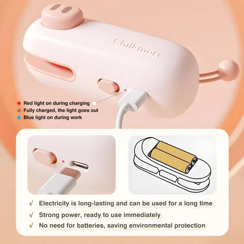 Vista 6 de Mini sellador de bolsas, sellador de bolsas recargable USB-C, lindo sello térmico de cerdo pequeño, tira suavemente para sellar rápidamente