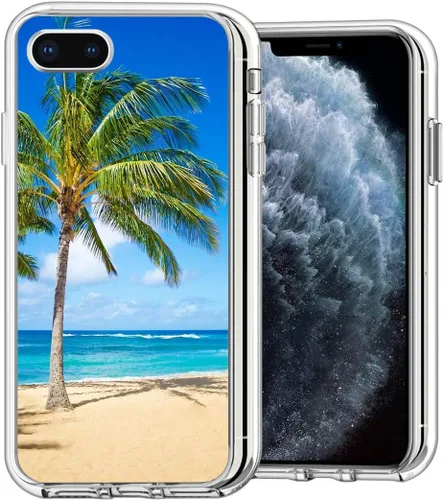 Funda para teléfono compatible con iPhone 7 Plus/8 Plus, transparente, suave, TPU flexible, palmeras en la playa de arena en Hawái