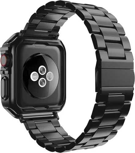 Vista 2 de Compatible con Apple Watch Banda y Estuche, Cadena de Metal de Acero Inoxidable con Cubierta de TPU, Correa de Pulsera de Eslabones para Negro