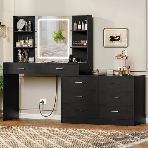 Vista 13 de Quimoo - Escritorio de tocador grande de 48" con espejo y luces, tocador de maquillaje con 6 cajones, toma de corriente, juego de mesa de tocador