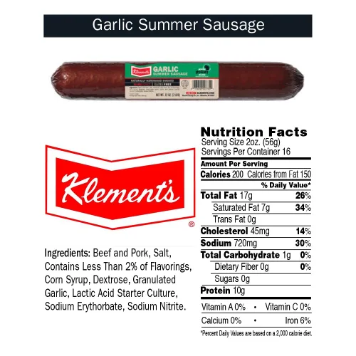 Vista 2 de Klement's Salchicha de verano de ajo, madera dura ahumada 32 oz (2 libras) - 1 unidad por pedido