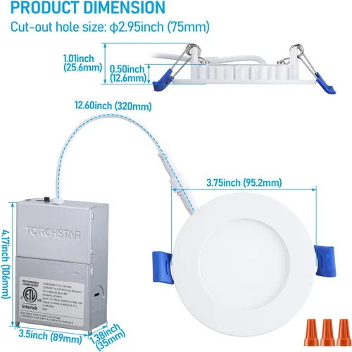 Vista 6 de TORCHSTAR Serie Básica - Paquete de 12 luces LED empotrables ultradelgadas de 3 pulgadas con caja de conexiones, CRI90, aluminio