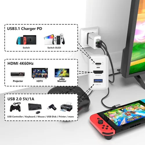 Vista 2 de Switch Dock Cargador para Nintendo SwitchOLED, estación de acoplamiento de TV portátil para Nintendo Switch 4K 60Hz HDMIUSB2.0PD Puertos de carga