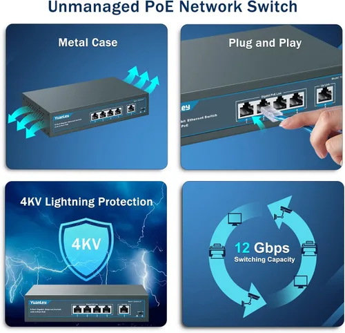 Vista 6 de YuanLey Interruptor Gigabit PoE de 5 Puertos con 4 Puertos PoE+ de 1000Mbps, 78W de Potencia Integrada 802.3af/at, Sin Ventilador, de Metal,