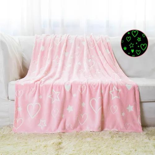 Manta de estrella y corazón que brilla en la oscuridad, regalos para niñas y niños, manta luminosa rosa, manta de franela suave, juguetes para niñas