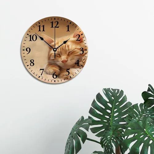 Vista 5 de Reloj de pared de gato atigrado naranja dormido de 10 pulgadas, bonito reloj de pared con animales, funciona con pilas, sin tictac, reloj de madera