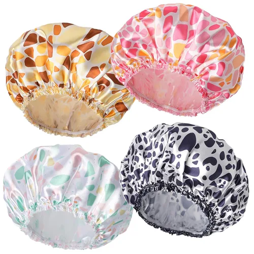 Vista 27 de Gorras de ducha para mujer, 4 piezas de gorros de baño elásticos y reutilizables, gorro de ducha de doble capa reutilizable e impermeable, gorros