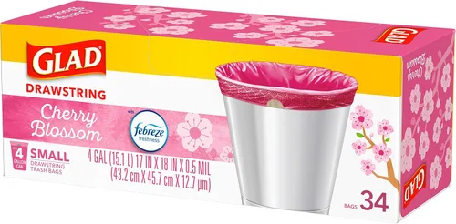 Vista 9 de Glad Odorshield - Bolsas de basura pequeñas con cordón, 4 galones, rosa, flor de cerezo, 34 unidades, el paquete puede variar