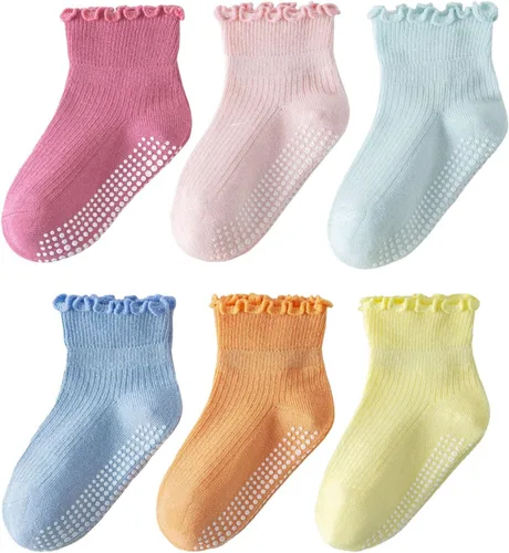 Vista 8 de 6 pares de calcetines con volantes para niñas, calcetines antideslizantes para bebés, bonitos y con volantes
