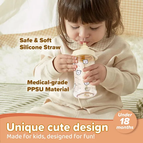 Vista 3 de Vaso para sorber prémium a prueba de derrames para bebés y niños pequeños menores de 18 meses, 9 onzas, PPSU, sin BPA, popote suave