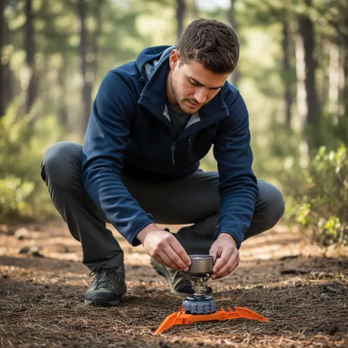 Vista 7 de Estabilizador de lata de combustible naranja para estufas de camping, mini plegable al aire libre, camping, senderismo, cocina, tanque de gas