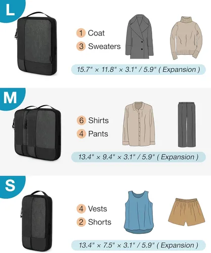 Vista 16 de BAGSMART Juego de 6 cubos de embalaje de compresión para maletas, cubos de viaje de compresión y organizador de maletas para empacar con bolsa