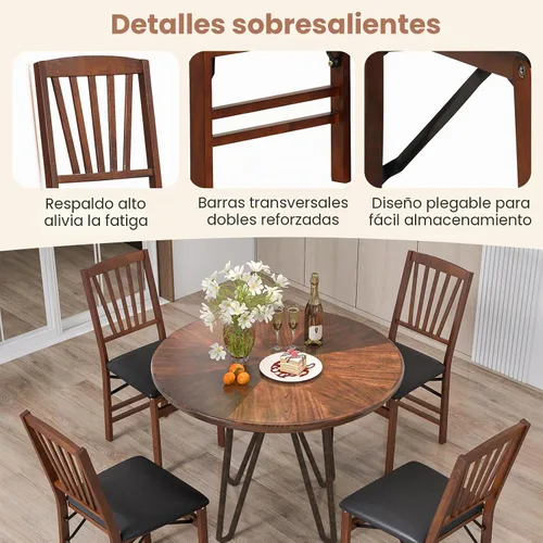 Vista 8 de GIANTEX - Juego de 2 sillas de comedor plegables de madera con asiento acolchado, marco de madera maciza, carga máxima de 400 libras, sin montaje