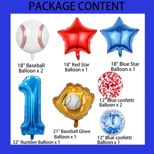 Vista 2 de Globos de béisbol de papel de aluminio para decoración de cumpleaños, globos de guante, globo de confeti de estrella roja y azul para novato