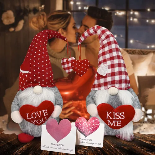 Vista 5 de MPINOI Decoración de gnomo para el día de San Valentín, 2 gnomos de San Valentín, decoración de mesa para el hogar, regalo de San Valentín con dulce