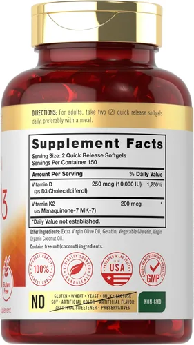 Vista 2 de Suplemento de vitamina K2 D3 de Carlyle 300 cápsulas blandas 200 mcg K2 MK7 y 10,000 UI D3 Sin GMO, sin gluten