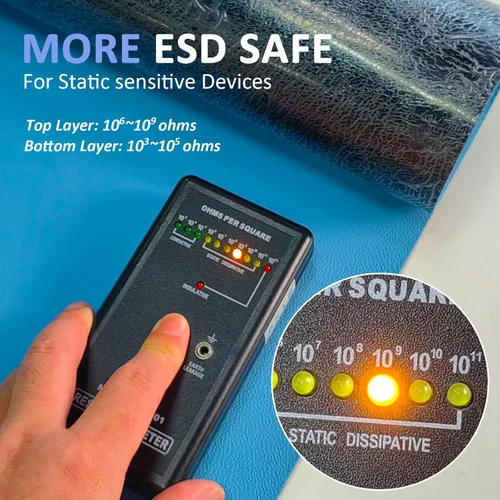 Vista 4 de KooMall - Alfombrilla de goma ESD de 10 x 2 pies con textura para piso de banco con correa de muñeca antiestática, kit de enchufe de conexión a