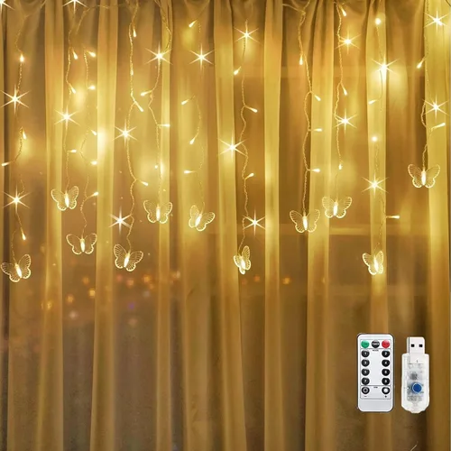 Vista 11 de Luces de Cortina de Mariposa, 60 LEDs 8 Modos Luces de Cortina de Hadas en Cadena, 8.2 pies x 1.9 pies Luces Estrelladas Centelleantes con Control