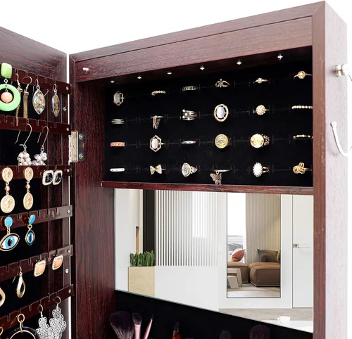 Vista 6 de MIYACA 6 LEDs Jewelry Mirror Armoire Organizer Lockable Jewelry Cabinet WallDoor Mounted with Full-Length Body Dressing Mirror and Larger Capacity