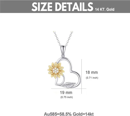Vista 5 de Collar de corazón de girasol de oro de 14 quilates para mujer, con texto en inglés "You are my sunshine", regalo de amor de oro real para esposa