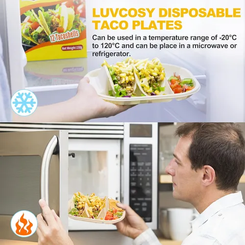 Vista 3 de Pequeños platos desechables para tacos con lados de inmersión, paquete de 100 unidades, soporte para tacos de almidón de maíz biodegradable
