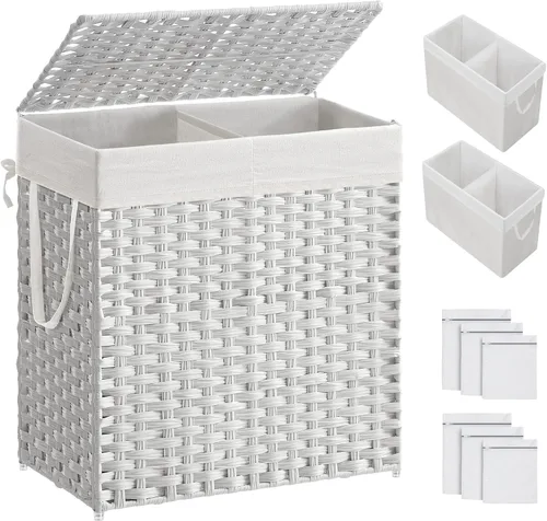 Vista 15 de SONGMICS Cesta de ropa sucia con tapa, cesta de ropa de 110L con 2 bolsas de forro extraíbles, 6 bolsas de malla, canasta de mimbre para ropa sucia