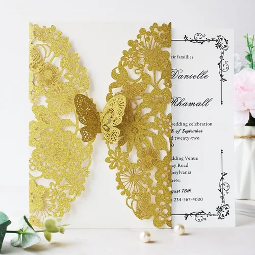 Vista 41 de Hosmsua 20 tarjetas de invitación de boda de champán con sobres de 5.12 x 7.3 pulgadas, cortadas con láser, mariposa, encaje, invitación para boda