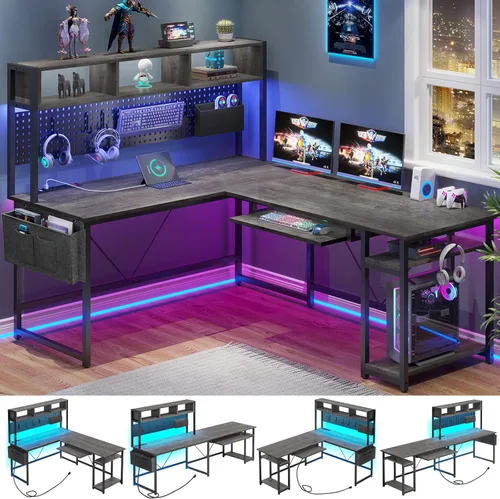 Vista 9 de SEDETA Escritorio para juegos en forma de L, escritorio reversible para computadora con toma de corriente y tablero de clavijas, escritorio