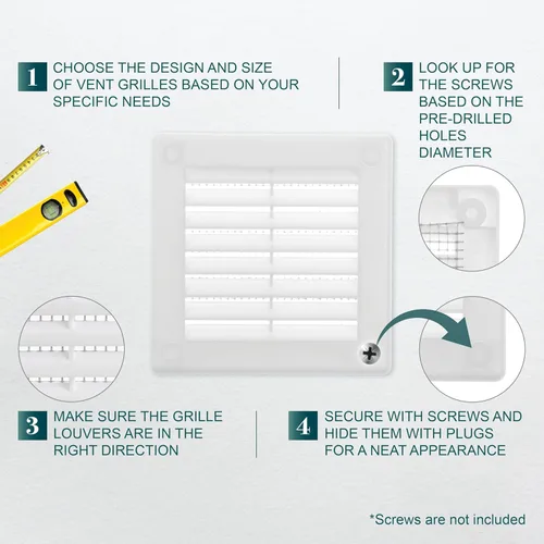 Vista 3 de Medida de apertura de 3'' x 3'' pulgadas / Rejilla externa de ventilación cuadrada blanca con malla protectora - Registro de plástico ligero