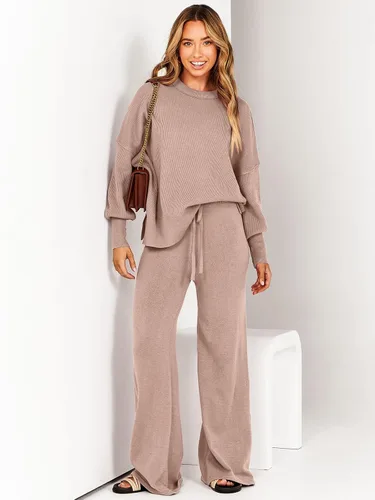 Vista 5 de ANRABESS Conjunto de 2 piezas para mujer, conjunto de suéter de gran tamaño y pantalones de pierna ancha, conjunto de descanso grueso para otoño