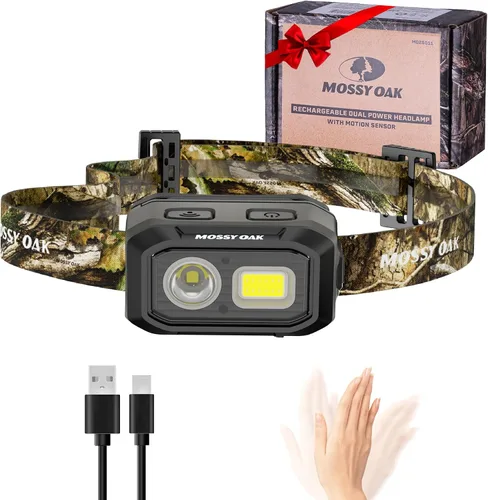 Vista 10 de Mossy Oak Linterna frontal LED de 600 lúmenes, fuente de alimentación dual, lámpara de cabeza con sensor de movimiento con base magnética