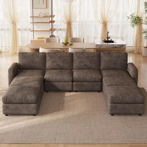 Vista 31 de Guyii Sofá modular de terciopelo, moderno sofá de 4 plazas de gran tamaño con 3 almohadas y reposapiés de almacenamiento, sofá convertible de 115.74