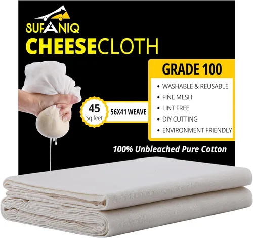 Vista 14 de Sufaniq Paños de Queso, Grado 90 (9 Pies Cuadrados) Estopilla Reutilizable de Algodón 100% Puro, Tela Ultrafina Sin Blanquear, Estopilla para Colar