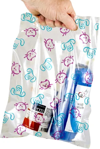 Vista 18 de 100 bolsas con estampado temático de mascotas, caras de perro y gato, MSP1007 de 9 x 9 pulgadas, bolsas de plástico transparente para gatos