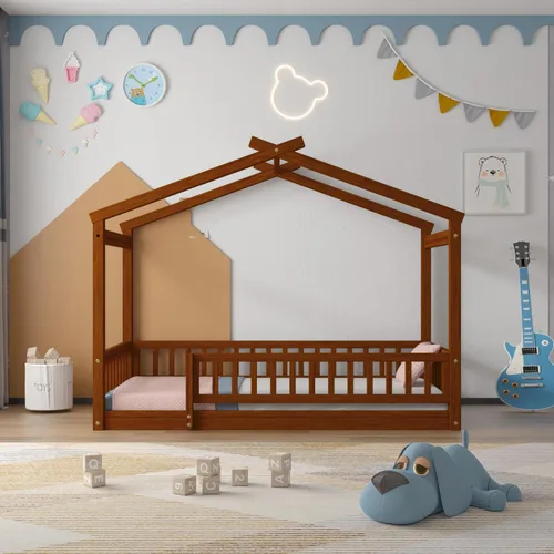 Vista 150 de Merax Cama de madera de tamaño individual con dos cajones, marco de cama de madera con techo para niños, adolescentes, niños o niñas, gris