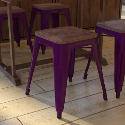 Vista 24 de Flash Furniture Juego de 4 taburetes de metal con asiento de madera, taburete Kai de grado comercial negro sin espalda, sillas de comedor apilables