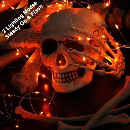 Vista 4 de Brizled Guirnalda de luces naranjas de Halloween, 19.47 pies, 60 luces LED de Halloween, 2 modos de batería, luces naranjas de Halloween, alambre