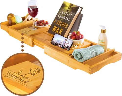Vista 10 de Bambüsi Mesa de bandeja de bañera, plegable y ajustable, bandeja de bañera de bambú plegable, accesorios de bañera de madera, regalos únicos