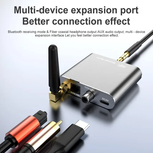 Vista 3 de Adaptador receptor Bluetooth 5.2 para altavoces estéreo para el hogar antiguo, receptor transmisor de audio inalámbrico para auriculares, soporte