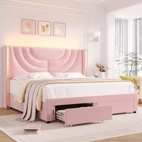 Vista 9 de HITHOS - Base de cama LED tapizada con 2 cajones de almacenamiento, cama de plataforma de terciopelo con cabecera con alas laterales, listones