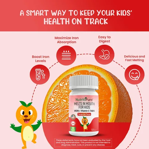 Vista 2 de Suplementos de hierro masticables para niños (hierro feronyl/carbonil 9 mg con vitamina C 30 mg) Tableta en sabor mandarina tango naranja suplemento
