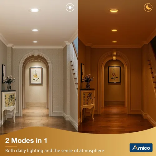 Vista 2 de Amico Paquete de 12 luces LED empotrables 5CCT de 4 pulgadas con luz nocturna, 8 W = 60 W, 700 lm luces de lata con borde deflector, regulable