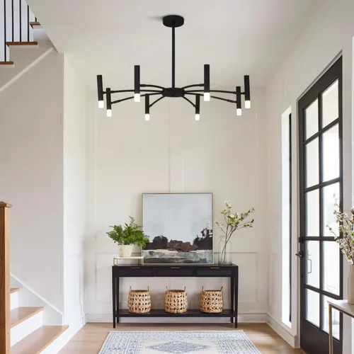 Vista 7 de Lámpara LED Sputnik moderna de 8 luces, lámpara de araña negra mate, lámpara de techo colgante de altura ajustable industrial para dormitorio