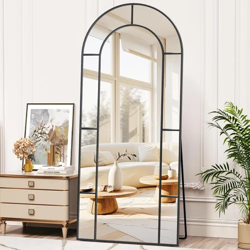 Antok Espejo de longitud completa de 71 x 28 pulgadas, espejo de piso, espejo decorativo de ventana arqueada, decoración con marco de metal, espejos