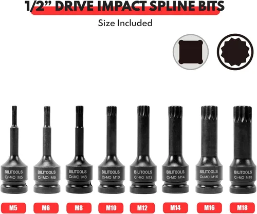 Vista 4 de BILITOOLS Juego de 8 piezas Impact XZN Triple Square Spline Bit Socket Set 1/2 inch Drive, M5-M18, Cr-Mo Steel